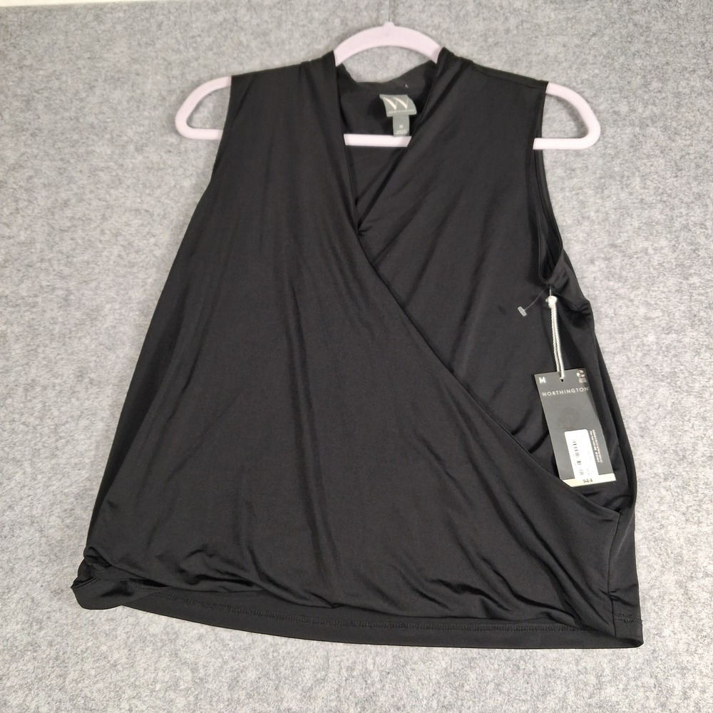 Worthington Surplice Blouse Womens Medium Black Mock Neck Sleeveless NWT